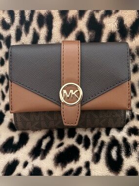 Michael Kors Brown MK Logo Trifold Wallet with Gold Accent